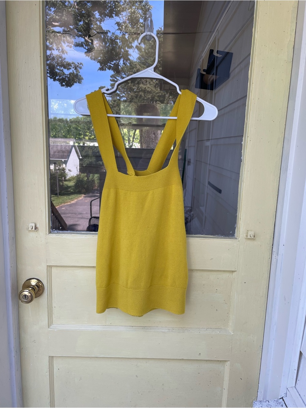 LOFT Mustard Yellow Knit Tank with Square Neckline and Cross Back Straps